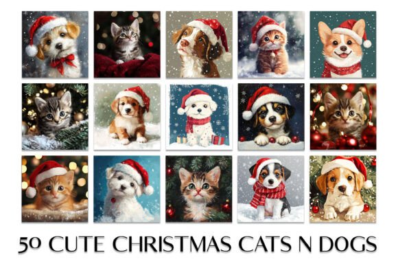 50 Christmas Cats N Dogs 8 Square Illustrations