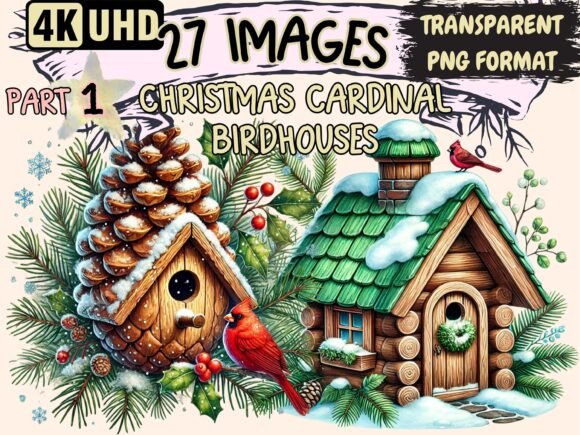 Christmas Cardinal Birdhouses Clipart P1 Illustrations
