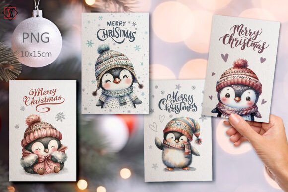 Christmas Cards with Cute Penguins Illustrations