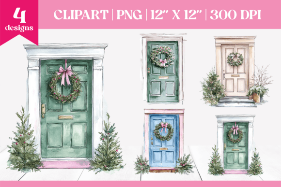 Christmas Door Clipart with Wreaths Illustrations