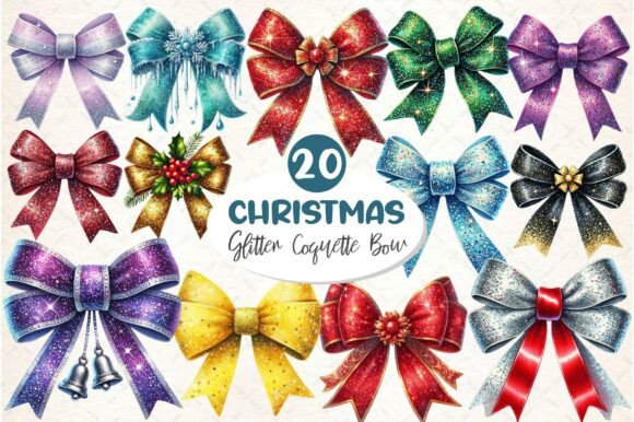 Glitter Coquette Christmas Bow Clipart & Illustrations