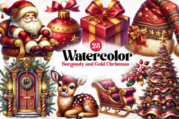 Watercolor Burgundy and Gold Christmas Illustrations