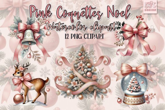 Watercolor Pink Coquette Noel Illustrations