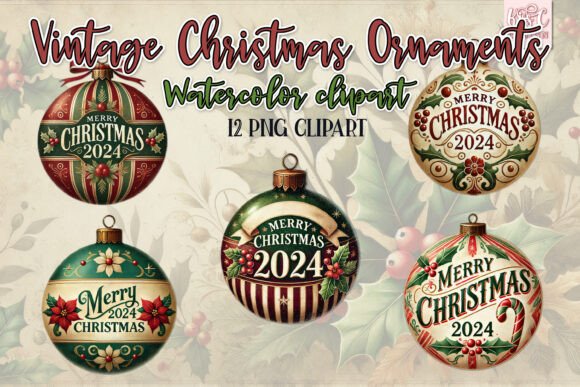 Watercolor Vintage Christmas Ornaments Illustrations